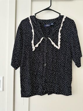 Vintage Black Polka Dot Lace-Trim Button Front Top
